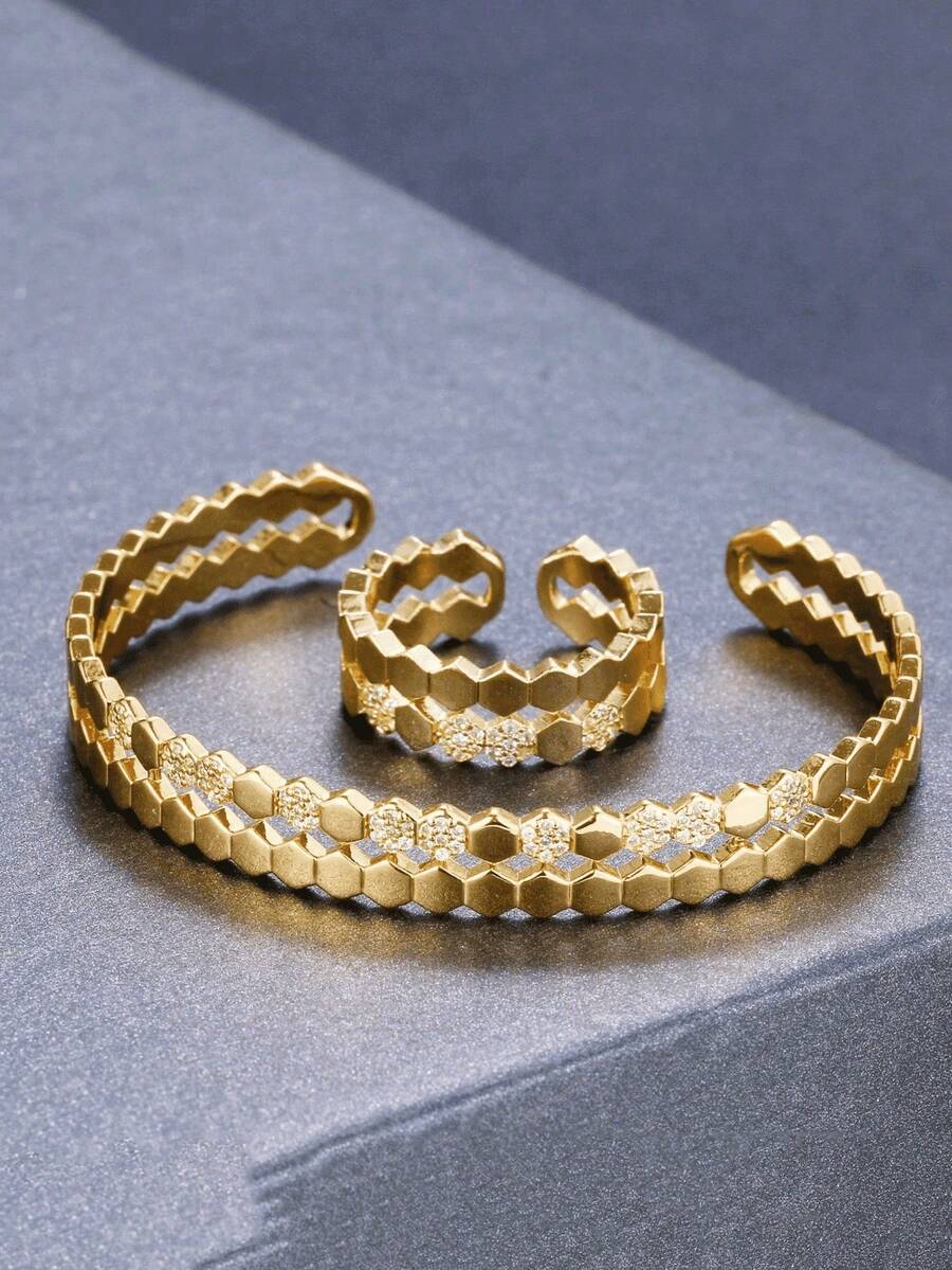 Bộ 2 chiếc vòng tay và nhẫn thiết kế hình thoi tổ ong tối giản sang trọng, đính đá Zirconia, đa năng, phù hợp đeo hàng ngày, dự lễ hội, tiệc tùng, đám cưới, mùa hè, quà tặng Eid/Ramadan, món quà thanh lịch dành cho phụ nữ. - Vàng - Xem 1
