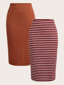 2 piezas Conjunto de falda casual de mujer a rayas y de unicolor, Conjunto a juego, Falda, Faldas para mujer, Falda a rayas, Casual - Café integral - Ver 1