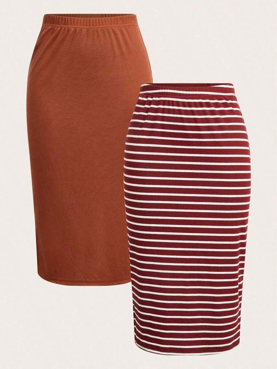 2 piezas Conjunto de falda casual de mujer a rayas y de unicolor, Conjunto a juego, Falda, Faldas para mujer, Falda a rayas, Casual - Café integral - Ver 1