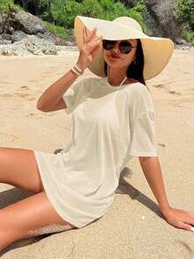 Swim Vcay Encubrimiento de playa para vacaciones de verano de unicolor transparente y de moda para mujer - Albaricoque - Ver 3