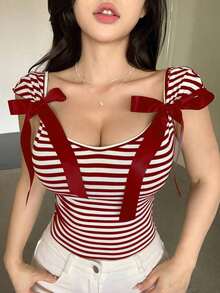 Camiseta de mujer de manga corta ajustada y sin espalda con lazo, para el verano - Burdeos 2 - Ver 1