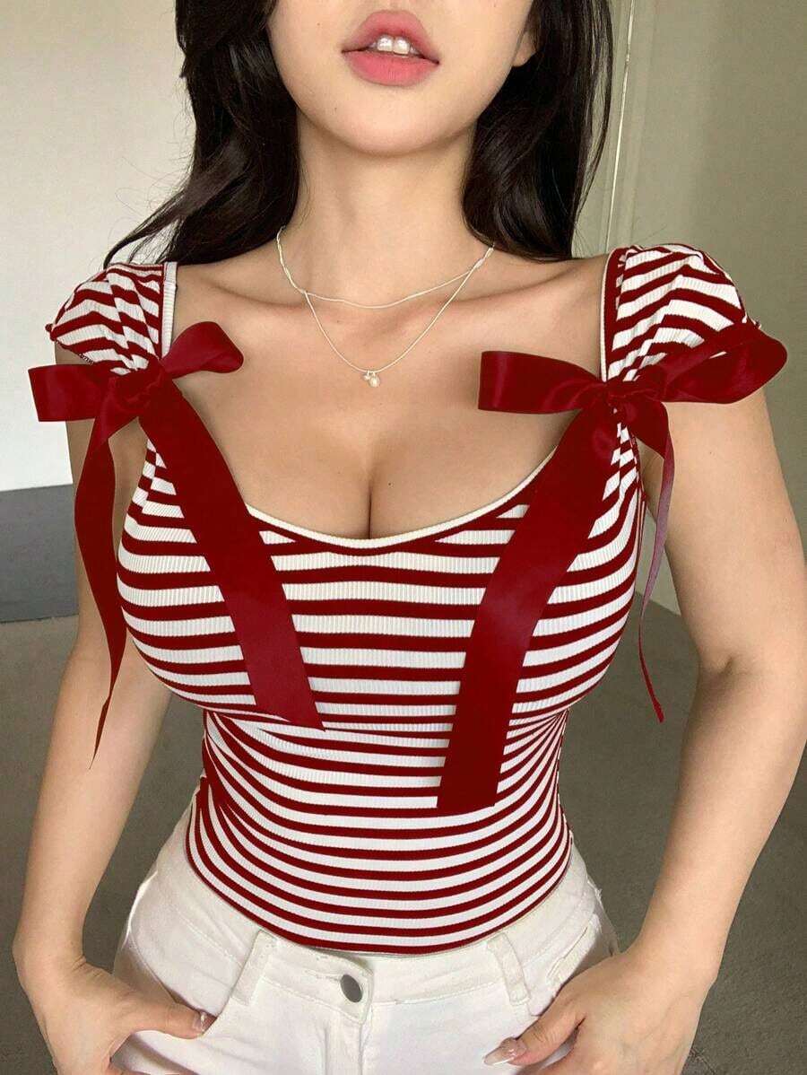 Camiseta de mujer de manga corta ajustada y sin espalda con lazo, para el verano - Burdeos 2 - Ver 1