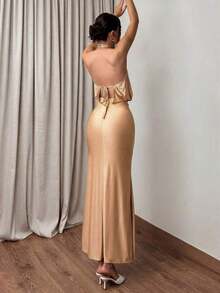 Vestido elegante y digno de invitada de boda con elástico, vestido largo fruncido de cuello halter con tela brillante - Champán - Ver 7