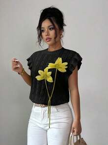 Camiseta de mujer con flores tridimensionales lindas y contrastantes para verano y otoño - Negro 2 - Ver 5