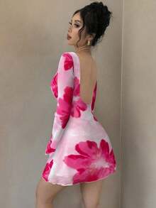 Vestido mini de malla con espalda abierta y estampado floral para mujer, vestido de manga trompeta para el Día de San Valentín, vestido con flores posicionadas, vestido mini de espalda baja, vestidos para vacaciones, vestidos de gran estampado floral para playa y vacaciones, vestido mini de manga de malla, apto para ir al trabajo, elegante, sexy, vacaciones, playa, Hawái, romance, citas, fiesta, concierto, disfraz para actuaciones, temporada de bodas, inicio de curso, Día de San Valentín - Morado - Ver 7