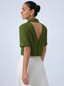 Nueva chaqueta elegante y sofisticada de tela texturizada con cuello de solapa, diseño de espalda cruzada, cintura corta y mangas cortas para estilizar la figura de la mujer - Verde 2 - Ver 2