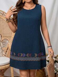 Vestido casual sin mangas de cuello redondo con decoración bordada, talla grande, perfecto para vacaciones - Azul marino - Ver 4