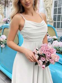 Vestido formal elegante y minimalista para mujer, vestido de dama de honor de verano, adecuado para bodas, invitados, galas, eventos formales, fiestas de compromiso, bodas de jardín - Vestido largo de dama de honor con cuello drapeado, bajo asimétrico y tirantes, unicolor, primavera - Blanco original - Ver 7