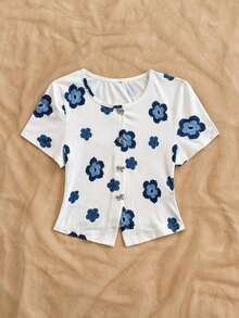 Blusa casual de verano para mujeres, top blanco de manga corta con cuello redondo y estampado floral, para vacaciones de verano - Multicolor 3 - Ver 5