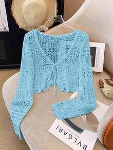 Top de punto nuevo de color sólido, cárdigan de encaje de ganchillo hueco, suéter de punto ligero y versátil para mujer. - Azul menta - Ver 12