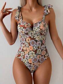 Swim Basics 1 pieza Traje de baño de una sola pieza con estampado sólido y floral y tirantes de espagueti anudados para mujer - Marrón - Ver 3