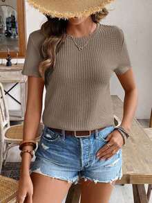de manga corta para la primavera y el verano con cuello redondo y unicolor en tela texturizada para uso casual - Café integral - Ver 4