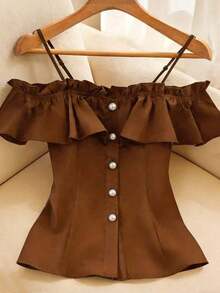 Blusa de hombros descubiertos con botones frontales y volantes de unicolor simple, para verano - Marrón - Ver 5