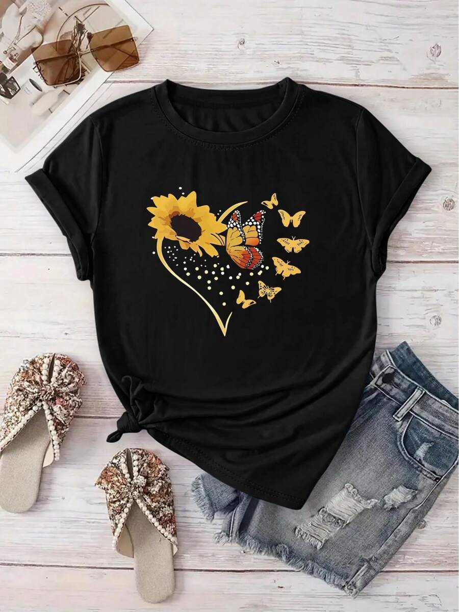 Limited Time Offer, Limited Quantities, Flash ! Women's Casual Shirts, Women's Polyester T-Shirts, Elegant Shirts. [Sunflower And Butterfly Print T-Shirt, Women's Casual Short-Sleeve Crew Neck T-Shirt, Machine Washable For Spring And Summer, New Women's Clothing, Versatile For Street Style] - 黑色 - 查看 1