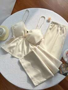 Conjunto de pantalones palazzo casuales con parches de tela texturizada, encaje floral y estilo Y2K - Albaricoque - Ver 4