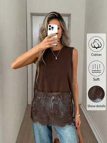 Top sin mangas de mujer con cuello redondo y dobladillo de encaje, primavera/verano - Marrón - Ver 3