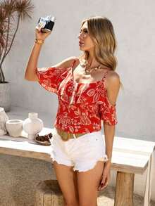 Blusa de mujer de gasa con hombros descubiertos, bajo con volantes y estampado, para primavera/verano y vacaciones - Rojo - Ver 3