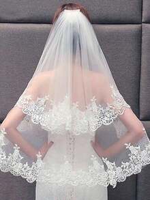 1 pieza Velo de novia con aplicación de encaje de doble capa con peine, accesorio de boda para mujer, blanco/beige, otoño - Multicolor - Ver 1
