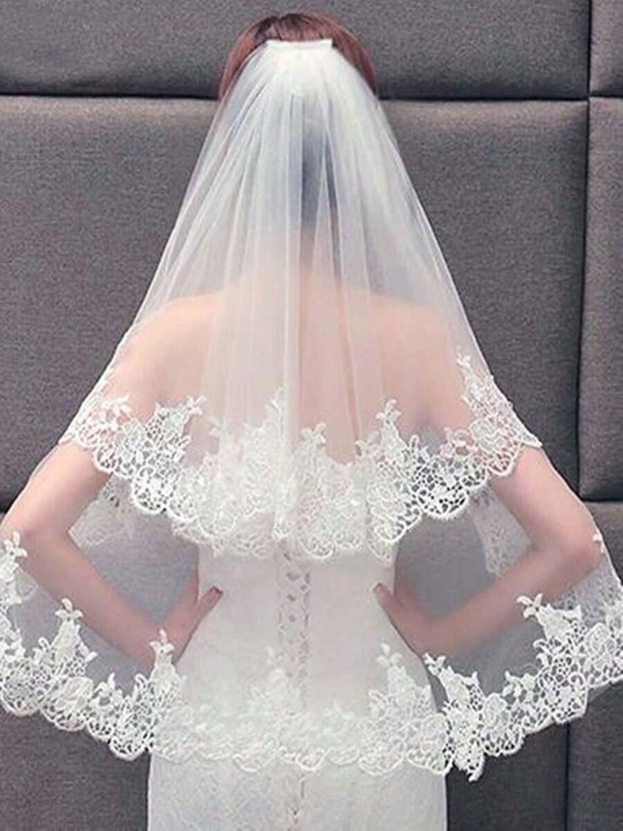 1 Piece Double Layer Lace Applique Bridal Veil With Comb, Wedding Accessory For Women, White/Beige, Autumn - Multicolor - View 1