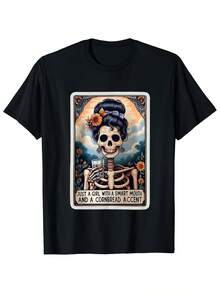 Men's Retro 70s Black T-Shirt With Skull And Wildflower Print, Funny Sayings, Comfortable And Regular Fit, Short Sleeves, Round Neck, Perfect For Casual Outings, Parties, Beach Activities And Sports. - 黑色 - 查看 1