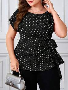Camisa casual de manga corta con diseño plisado y teñido anudado para mujer de talla grande, adecuada para vacaciones, fiestas y salidas - Blanco y Negro - Ver 7