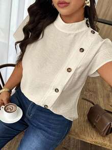 Weeklong Camisa suelta con botones y bordado de ojetes asimétrico, atuendo casual para diario/vacaciones, ropa de oficina - Albaricoque - Ver 3
