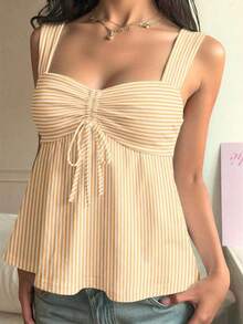 tirantes con cordón blanca casual para mujer, top para exteriores, vacaciones, lindo top de verano - Albaricoque - Ver 3