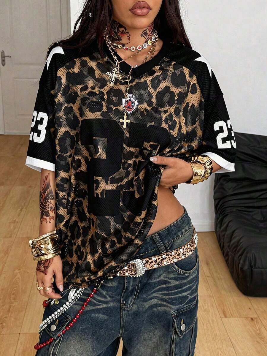 Camiseta de béisbol con estampado de número para mujer de talla grande, estilo vintage y deportivo para primavera/verano, top con estampado de leopardo, ropa de otoño, top con estampado de guepardo, top con estampado de leopardo - Multicolor - Ver 1