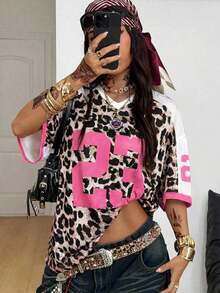Camiseta de béisbol con estampado de número para mujer de talla grande, estilo vintage y deportivo para primavera/verano, top con estampado de leopardo, ropa de otoño, top con estampado de guepardo, top con estampado de leopardo - Rosa Pálido - Ver 1