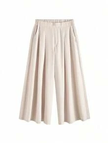 Pantalones/faldas cortas plisadas de cintura elástica, cómodos y sueltos, de estilo básico y versátil, para uso diario, que estilizan la figura, en color albaricoque, para mujeres de talla grande, para primavera/verano - Caqui - Ver 2