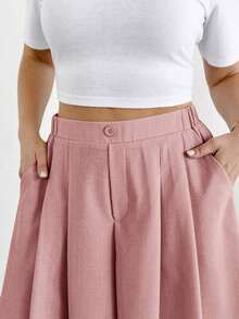 Comfortable And Loose-Fitting Elastic-Waist Pleated Shorts/Skirts, A Basic And Versatile Style For Everyday Wear, Flattering The Figure, In Apricot Color, For Plus-Size Women, For Spring/Summer - Rose - View 2