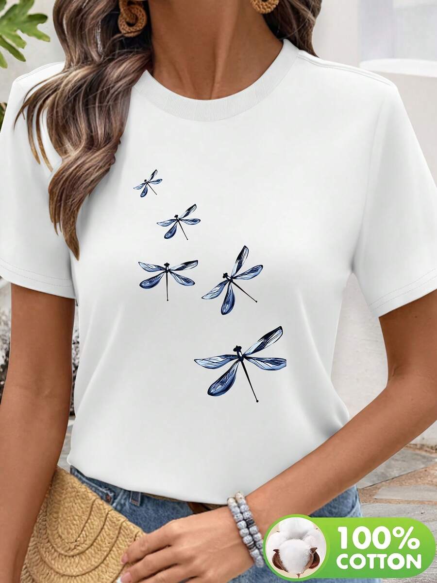 Camiseta de mujer de manga corta y cuello redondo, casual y de moda, esencial de verano, de alta calidad, con estampado gráfico - Blanco - Ver 1