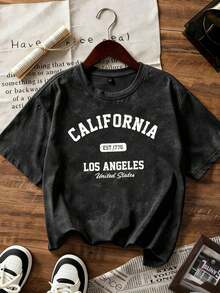 Camiseta de manga corta con estampado de letra suelta y efecto ombré rosa de estilo dulce y picante, camiseta casual de estética coreana para el verano - Negro - Ver 3