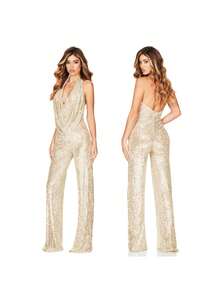 Monocromático dorado con lentejuelas, escote halter en V profundo, diseño de piernas anchas sin mangas, tejido brillante elástico ideal para fiestas nocturnas, eventos festivos y invierno, estilo sexy glamoroso perfecto para cenas elegantes y celebraciones - Color beige - Ver 2