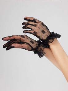 1 Pair Women's Lace Gloves, Lightweight Black Lace Gloves With Vintage Mesh Lace Trim, Sheer Floral Lace Mesh Gloves, Sun Protection Sexy See-Through Ruffle Decor Gloves - A - View 3