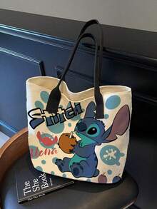 Disney 迪士尼可爱卡通史迪奇印花手提包，适合女性日常购物、聚会、与朋友外出，日式帆布手提包，大容量通勤包，男女通用学生休闲通勤手提包，适合返校季 - 彩色 - 查看 3