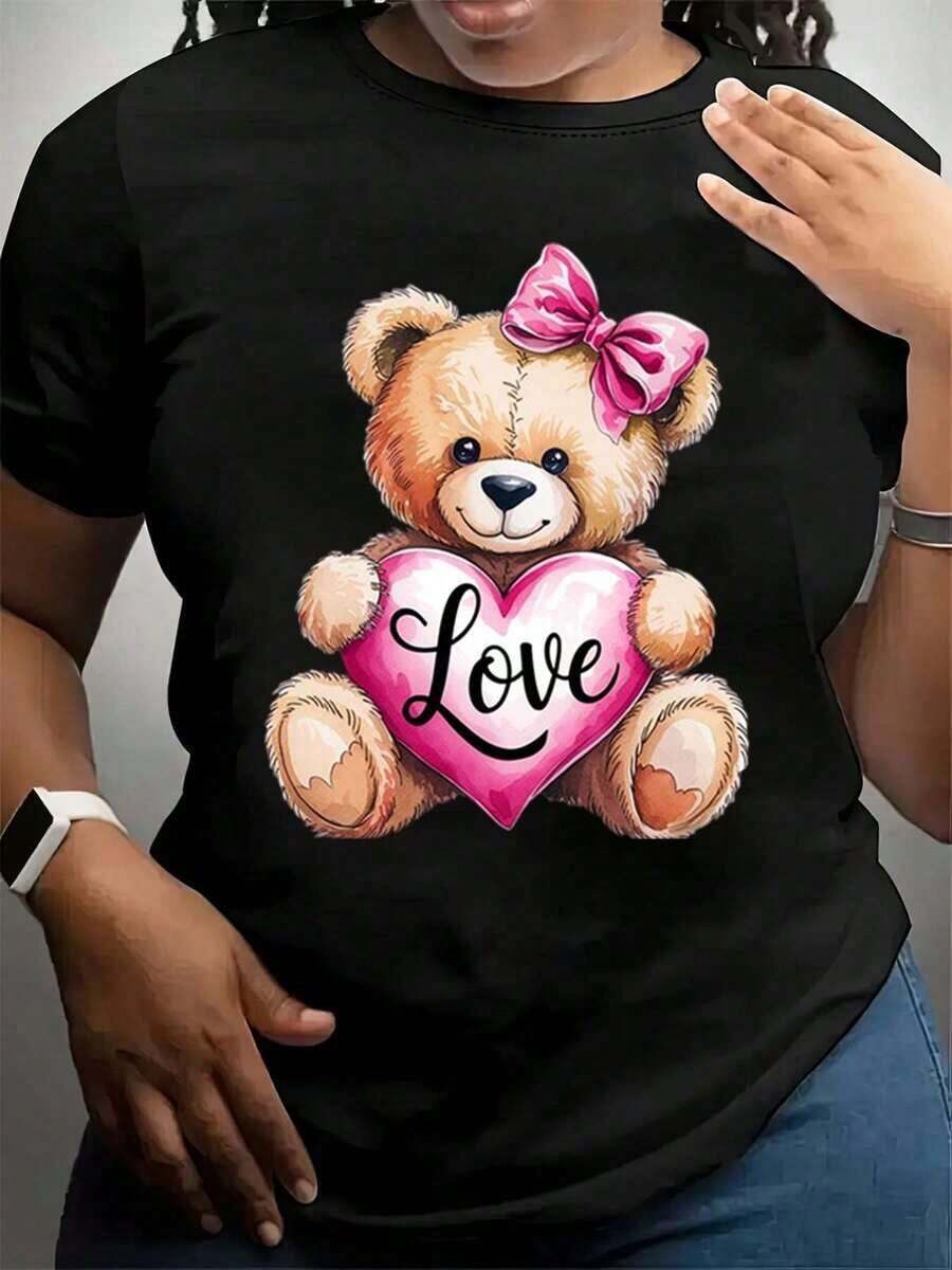 Camiseta de Moda Casual para Mujer con Estampado de Oso de Peluche de San Valentín Sosteniendo un Corazón Rosa, Cuello Redondo, Algodón Puro, Suave y Cómoda, Ideal como Regalo Romántico para Citas de San Valentín para Enamorados - Estilo Urbano Vintage, Unisex, Camiseta de Manga Corta de Algodón con Cuello Redondo, blusas para mujer. blusas.blusas casuales para dama.Impresión de osos cariñosos.Camiseta estampada Impresión de osos cariñosos. - Negro - Ver 1
