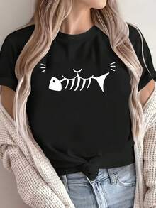 Camiseta ligera, transpirable y holgada, un atuendo divertido y peculiar para la vida cotidiana, con un estampado de espina de pescado caricaturesco, camiseta negra de manga corta y cuello redondo, lavable a máquina, estilo casual, ajuste cómodo, diseño moderno, versátil para el uso diario, tela suave, estilo a la moda, ideal para combinar en conjuntos de primavera y otoño. - Negro - Ver 7