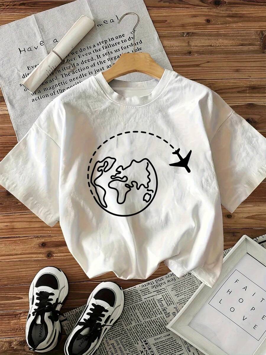 1 Women's Pure Cotton T-Shirt With Letter And Anime Print, Simple Design, Comfortable And Breathable, Suitable For Daily Casual Wear, Showing A Natural And Elegant Style, Must-Have For Summer Parties, Local Shipping, 180g 100% Cotton. - 白色 - 查看 1