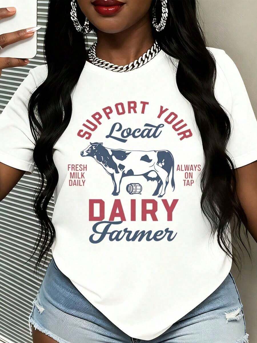 Cow Print T-Shirt To Support Your Local Dairy Farmer, Featuring The Phrase "Fresh Milk Every Day, Always Available." Women's Graphic Tee, Casual Summer Outfit, Farm Life Themed Top. - 白色 - 查看 1