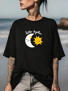 Sun And Moon Graphic T-Shirt "Better Together" For Family And Friends, Perfect For The 4th Of July, Ultra Soft 180g Summer T-Shirt, Fun Gift Idea For Family Gatherings, Team Building, And Casual Wear - 黑色 - 查看 1