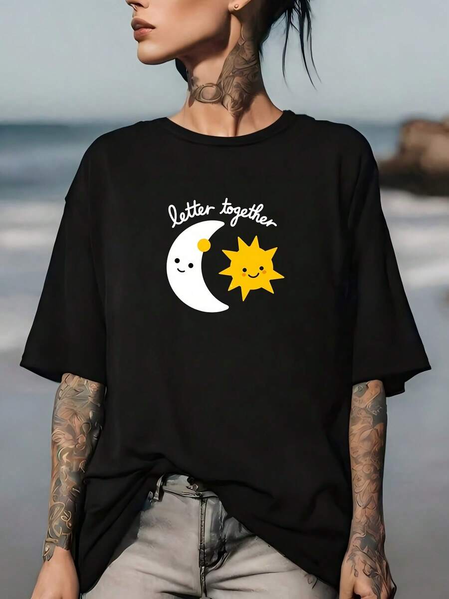 Sun And Moon Graphic T-Shirt "Better Together" For Family And Friends, Perfect For The 4th Of July, Ultra Soft 180g Summer T-Shirt, Fun Gift Idea For Family Gatherings, Team Building, And Casual Wear - 黑色 - 查看 1