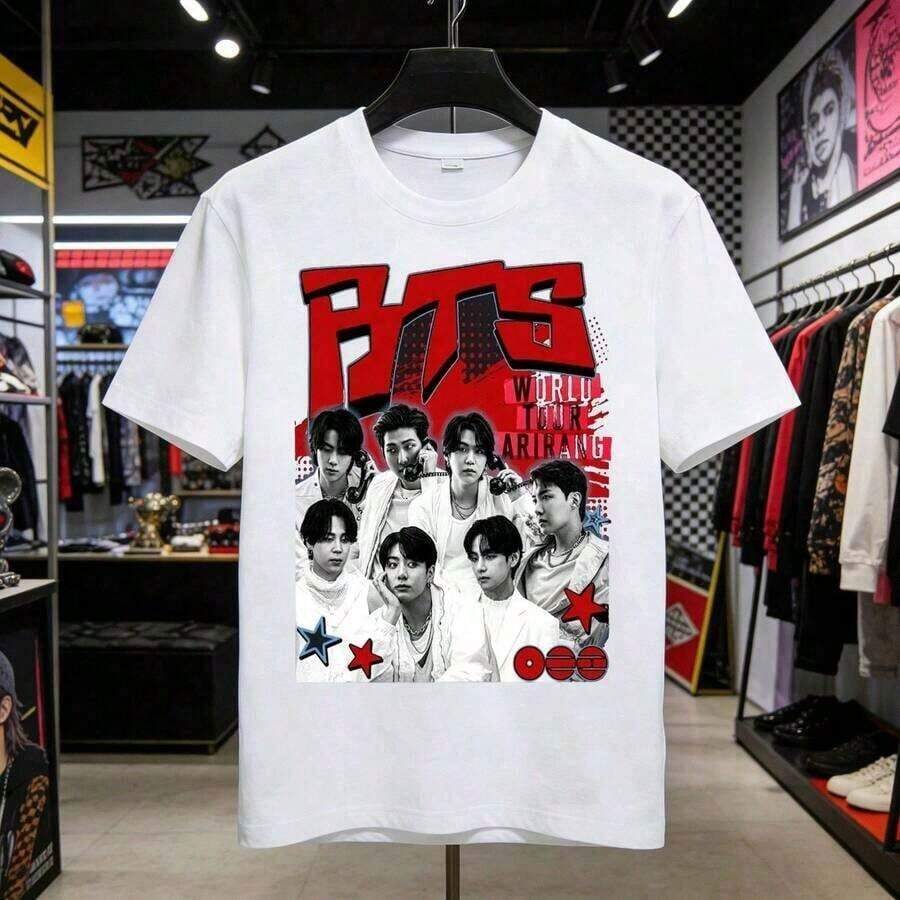 Unisex Graphic Tees, 220g Cotton, Round Neck, Short Sleeve, V Taehyung ABTS Kisses Graphic Tee, Fan Tee, Vintage Product Highly Appreciated By Fans Of The Group, Clothing For Fans Of Music Icons. - 布蘭克 3 - 查看 1