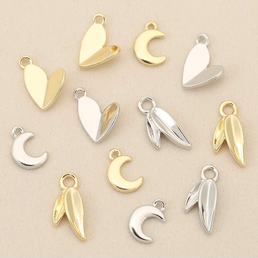 10pcs Gold & Silver Plated Heart Moon Leaf Pendants, For Jewelry Making, DIY Necklace Bracelet Earring Accessories