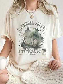Camiseta Gráfica Retro de Parque Nacional Bosque Prohibido para Mujer - Talla Grande, Color Beige Casual, para Uso Diario, Urbano, Verano, Vacaciones, Aire Libre, Casual, Cómoda, Aventura, Fantasía, Senderismo, Viajes, Fin de Semana y Ropa Inspirada en la Naturaleza. tops de mujer camisetas - Estilo - Ver 8
