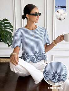 Camisa de mujer de moda casual con cuello redondo, manga corta y estampado de rayas - Azul y blanco - Ver 1