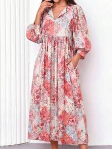 Đầm nữ phong cách Bohemian tay phồng, đầm thanh lịch cổ chữ V thắt eo có túi in họa tiết ngẫu nhiên, đầm mặc ngoài mùa hè cho nữ, trang phục đi biển cho nữ, thích hợp cho Ngày của Mẹ, đầm dự tiệc cưới màu hồng cho nữ - Hồng - Xem 5