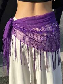 Women Belly Dance Sequin Tassel Hip Scarf Triangle Belt Wrap Skirts Music Festival Sheer Mesh Waist Chain - 紫色 - 查看 5