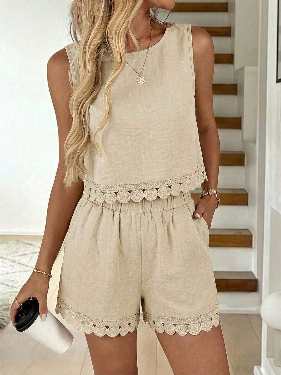 LUNE Conjunto de 2 piezas de blusa sin mangas con parches de encaje y shorts, adecuado para vacaciones de verano, ir al trabajo y uso diario - Albaricoque - Ver 1