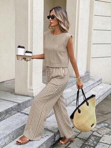 Conjunto de 2 piezas de chaleco y pantalones a cuadros casuales de vacaciones para mujer - Multicolor - Ver 1